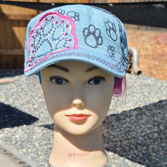 New Ladies Lt Blue Denim & Pink Paw BLING Hat - Picture 2 of 4